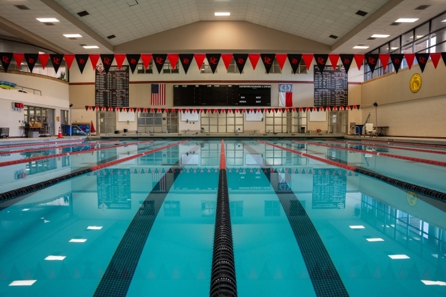 an indoor swimming pool with Davidson college flags over it