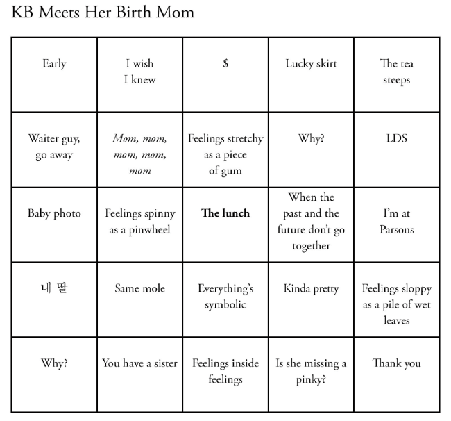 a bingo card where someone is meeting their birth mom for the first time