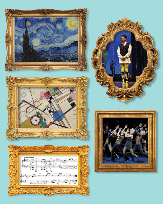 a gallery of gold frames with pieces of art on a blue teal background