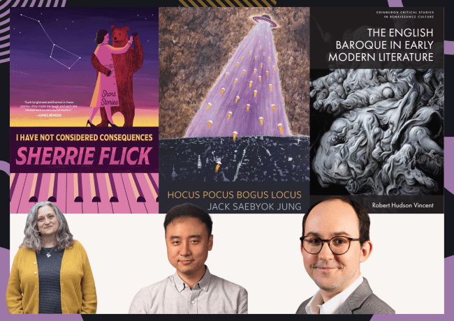 a collage of headshots and books featuring two men and a woman