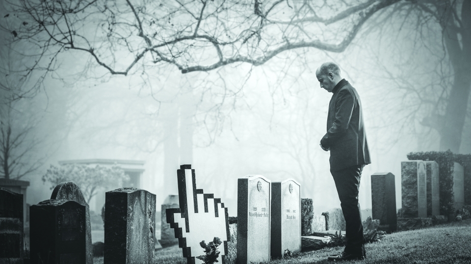 Death in the digital age image of man looking at graveyard