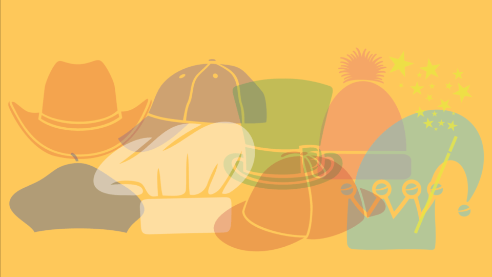 Many types of hats overlaid on a yellow background