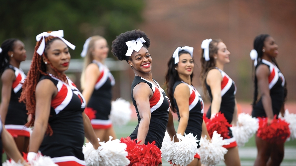 Cheerleading team performing at a football game