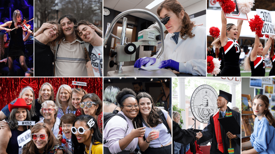 Collage of music, art, science, athletics, alumni, Cats are Kind, and graduates