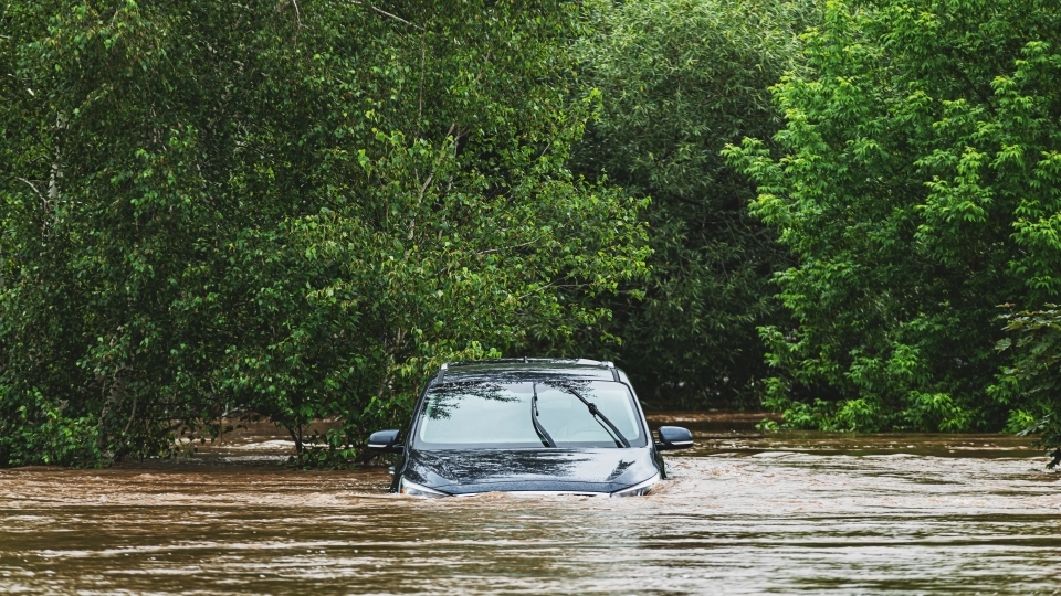 Submerged car in catastrophic flood