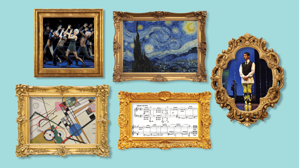 a gallery of gold frames with images of art pieces