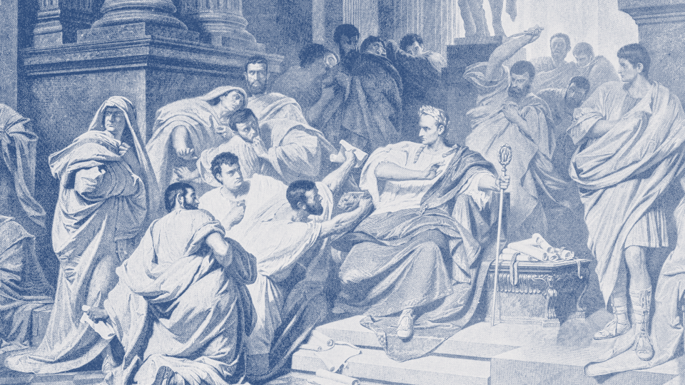 a sketch of Julius Caesar being stabbed in a court in ancient times