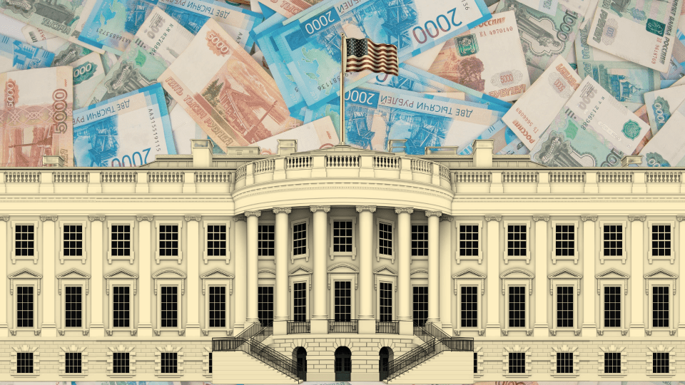 a drawing of the White House with Russian money bills in the background