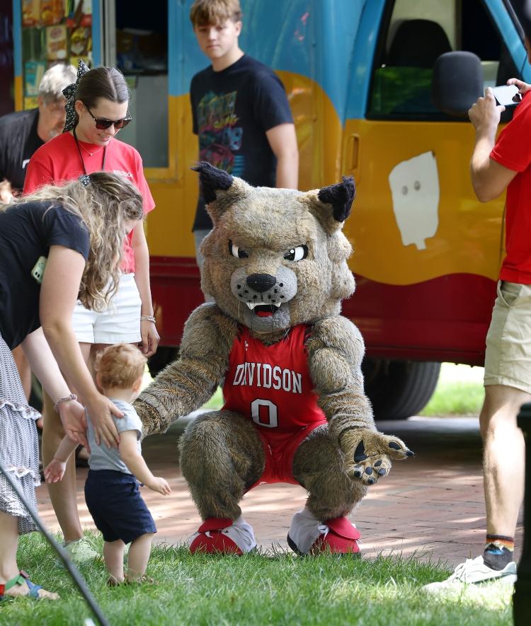 Lux the wildcat mascot greeting a child at reunion weekend