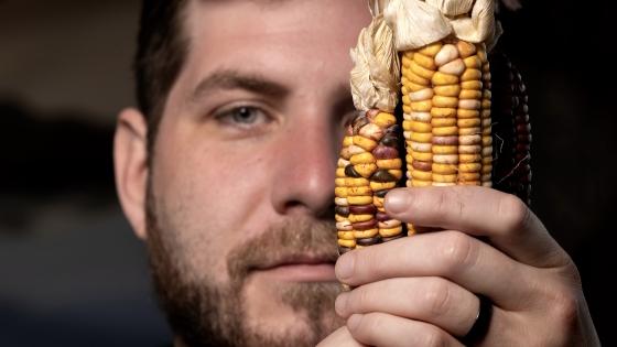 a young man holds up Catawba indigenous corn