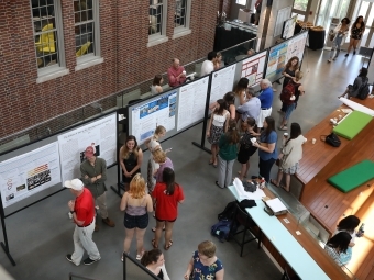 Bird's eye view of students giving presentations of research at the Symposium