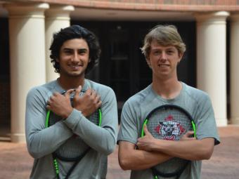 Sam Kavarana and Brooks Green holding tennis rackets