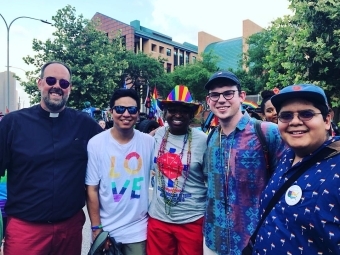 Liam Barr in group of friends at pride parade