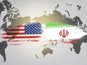 United States and Iran Flag over world map