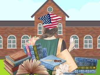 Cartoon of Girl in front of school building with books and wearing graduation regalia