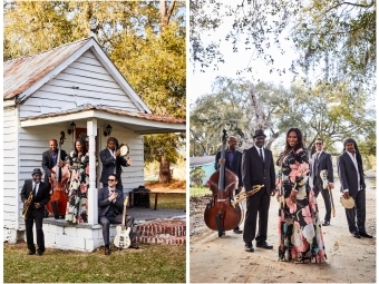 Collage of two photos of Ranky Tank musical ensemble outdoors