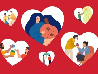 Graphic of people doing nice things in heart cutouts