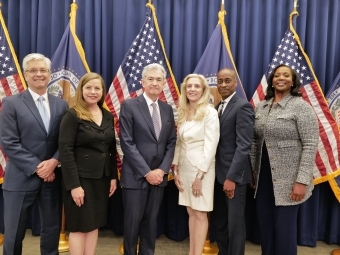 Philip Jefferson (second from right) took the oath of office today with fellow nominee Lisa D. Cook (r).