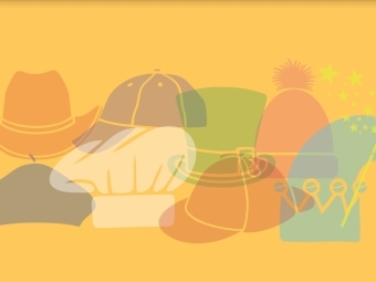 Many types of hats overlaid on a yellow background