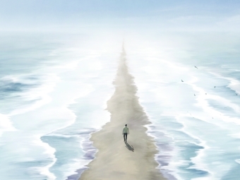 A drawing of a man walking along a beach