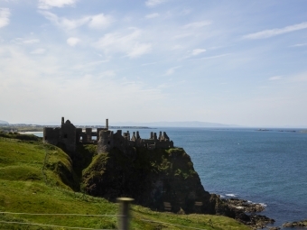 a rocky coastline with blue skies and green grass