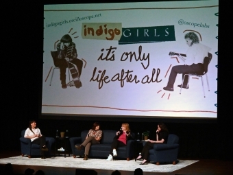 The Indigo Girls on stage at Davidson College 2024 with It's Only Life After All background