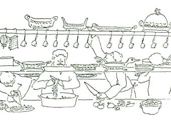 a line drawing of a group of chefs working in a kitchen