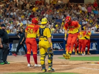 Parker Nolan ’22 of the Firefighters Baseball Team hops on base