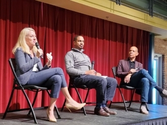 Honor Council Panel on stage Jana Mathews, Professor of English, Rollins College, John McKnight, Vice President & Dean of the College, Haverford College, Moderated by Byron P. McCrae,