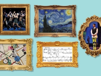 a gallery of gold frames with images of art pieces