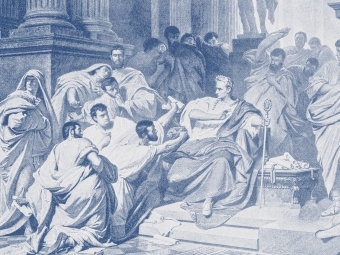 a sketch of Julius Caesar being stabbed in a court in ancient times