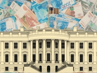 a drawing of the White House with Russian money bills in the background