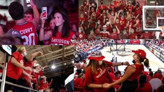 a compilation of images of students in red jerseys and tee shirts at a basketball game