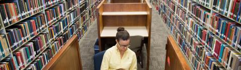 Student sits in carrel surrounded by books