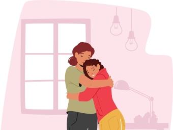 Illustration of mother and daughter hugging